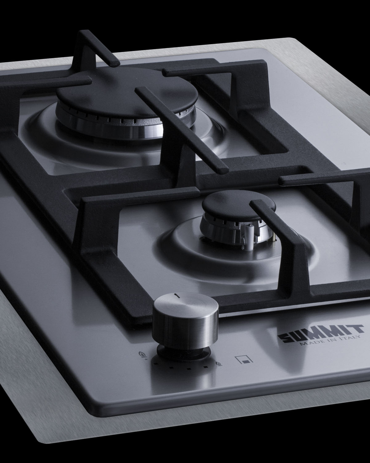 2-burner LP gas cooktop made in Italy with sealed burners, multiple heating outputs, 304 grade stainless steel surface, and stainless steel trim kit to cover 15